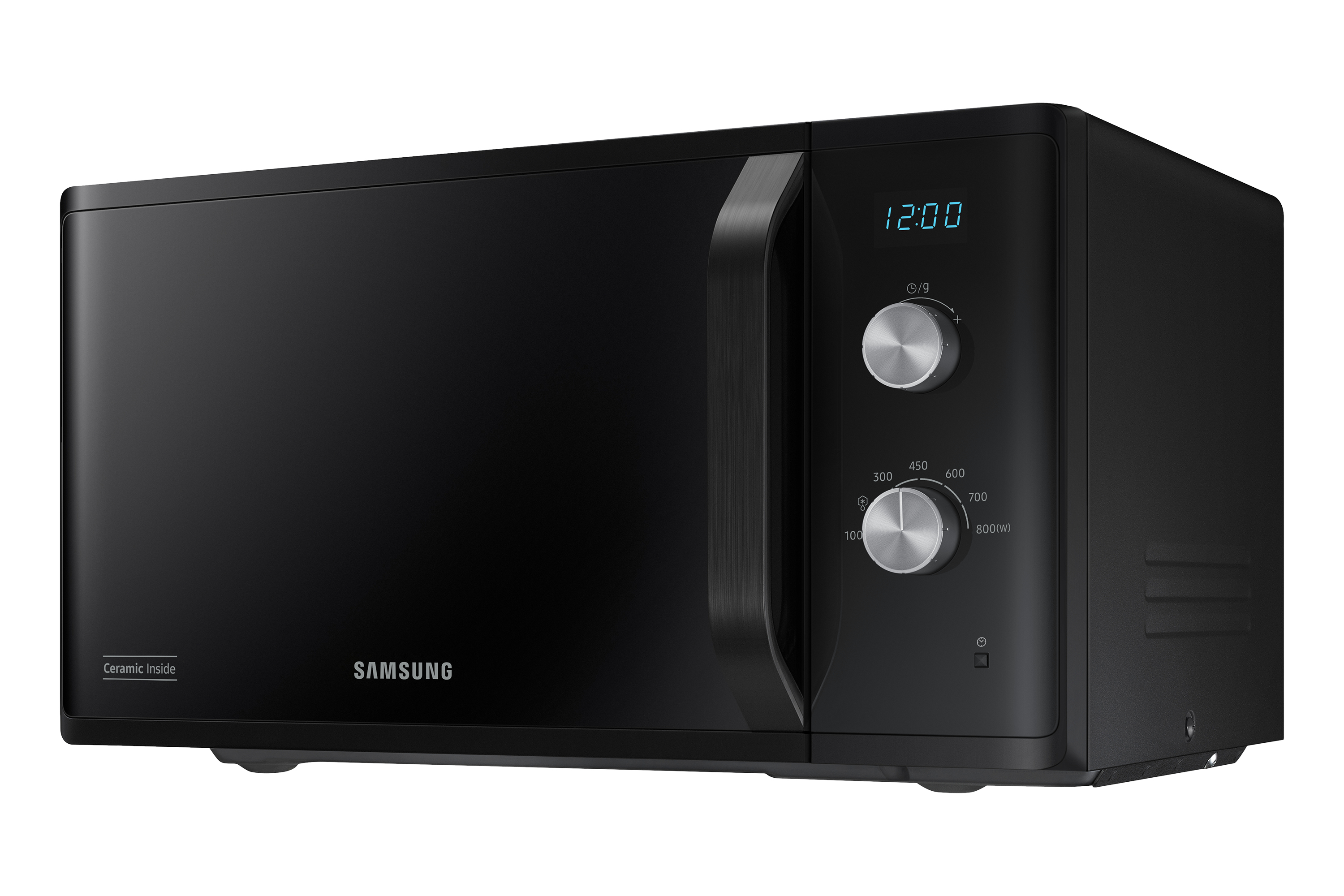 Forno a microonde nero con orologio digitale e manopole di controllo. Marchio Samsung.