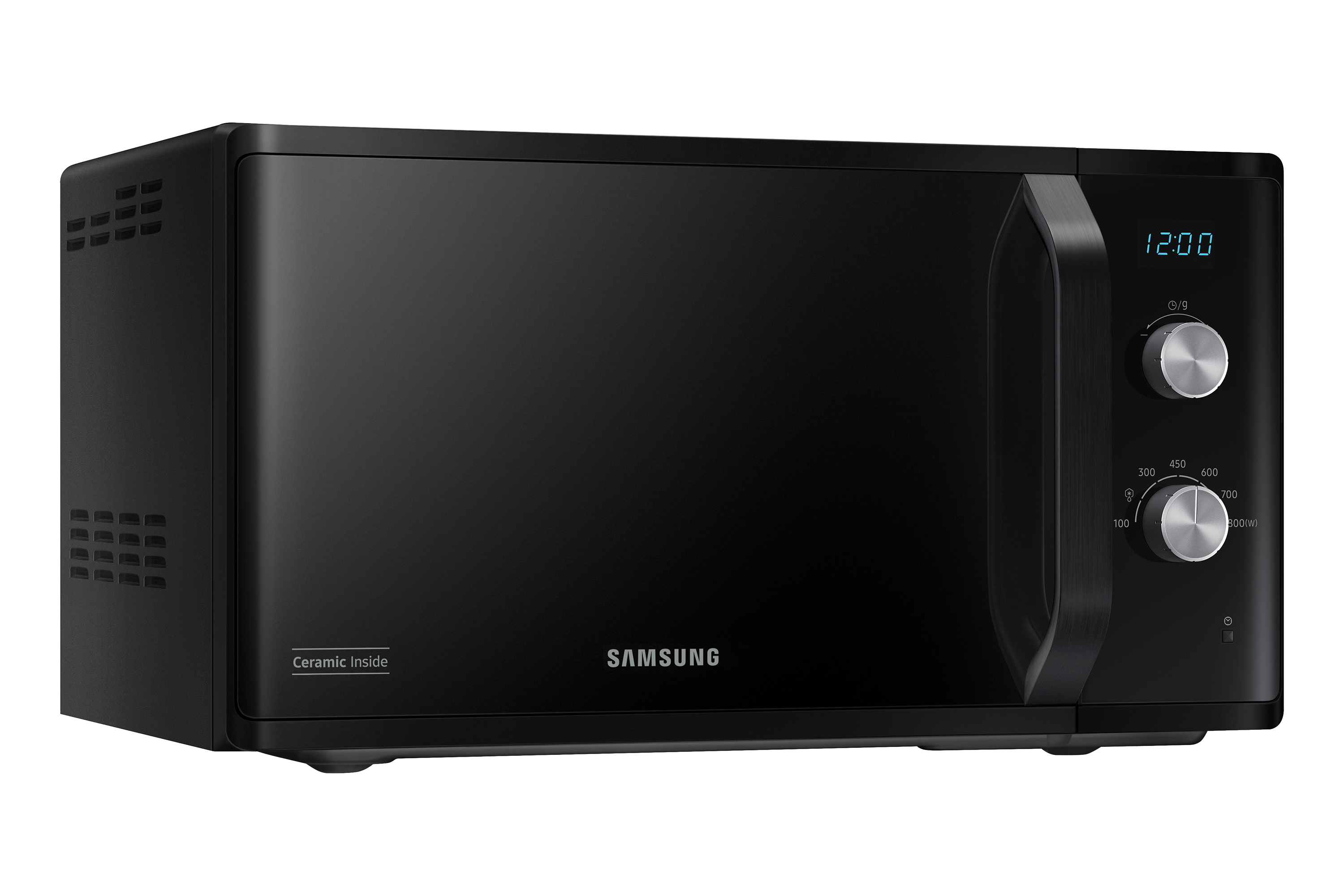 Forno a microonde nero con display digitale, pannello di controllo laterale.