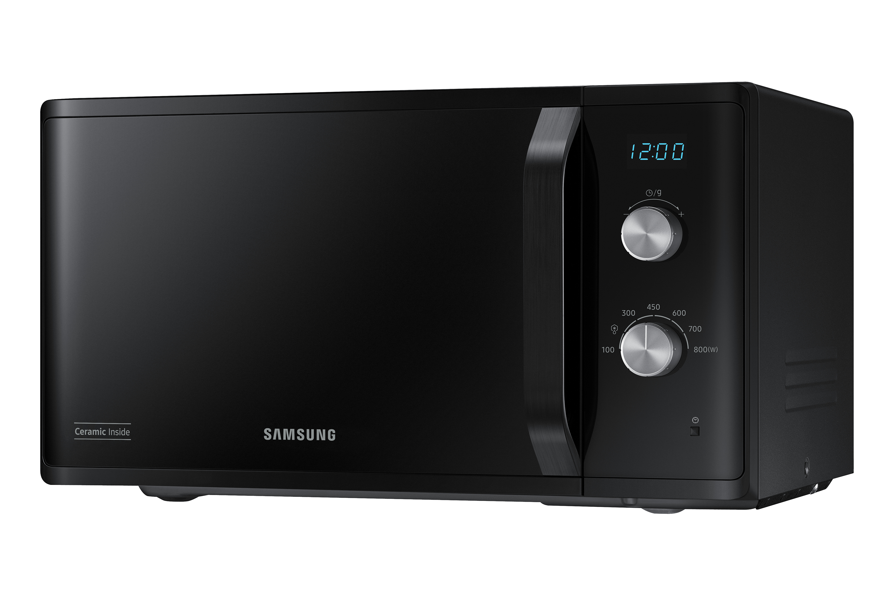 Forno a microonde Samsung nero. Ha un orologio digitale e manopole di controllo.