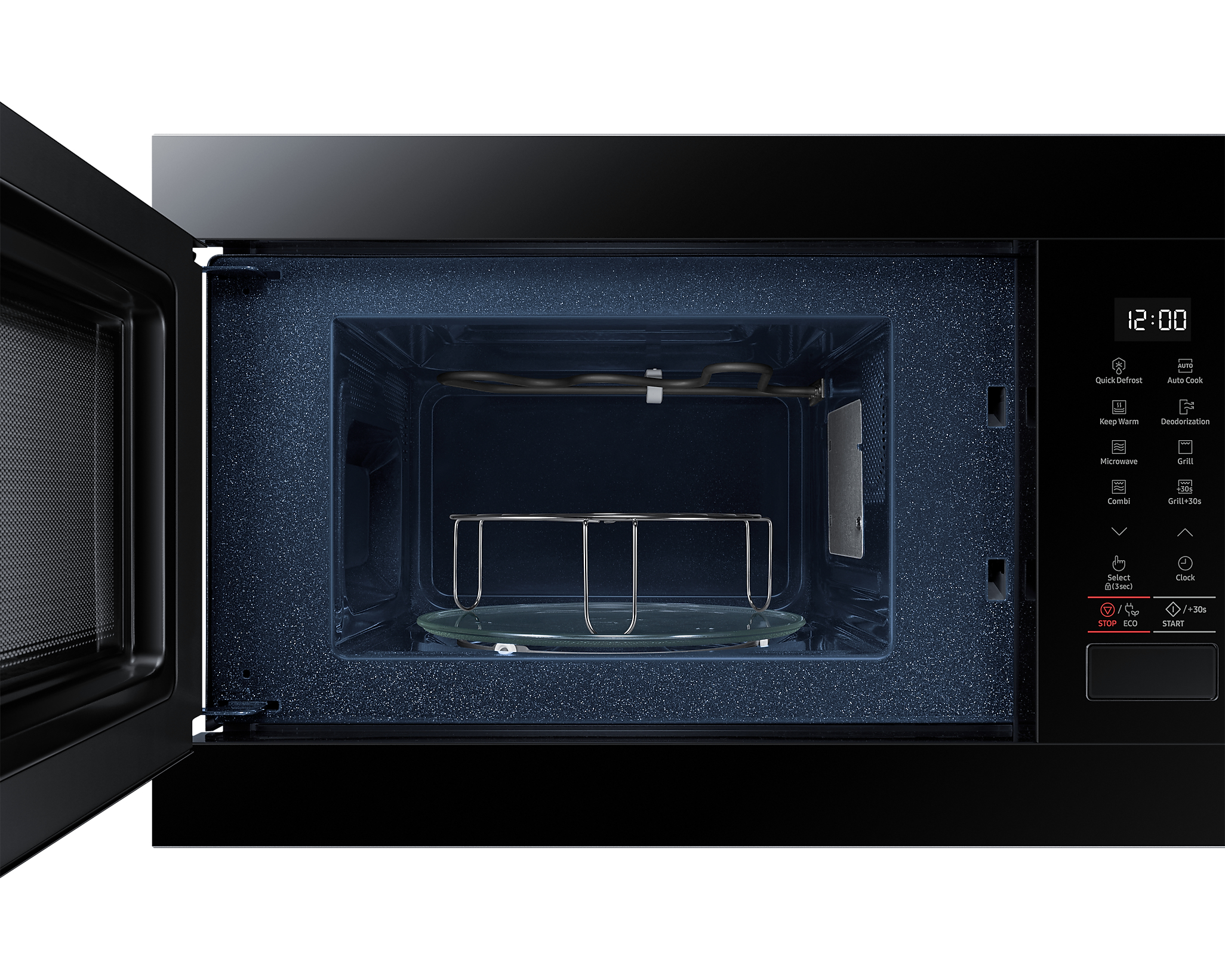 Zwarte magnetron met open deur, interieur met glazen plaat, metalen rek.