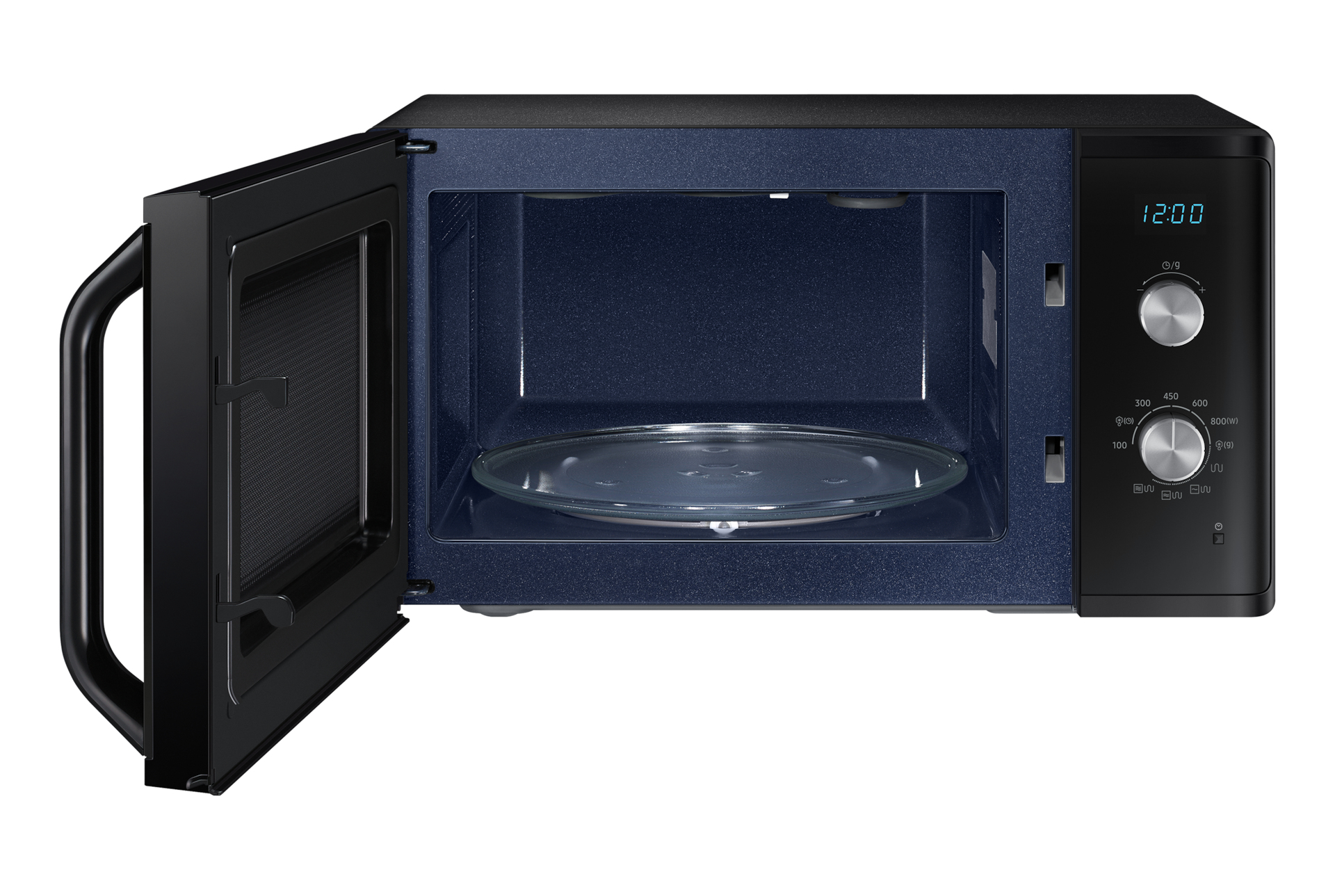 Czarna kuchenka mikrofalowa Samsung z otwartymi drzwiami. Szklany talerz w środku. Wyświetlacz 12:00.