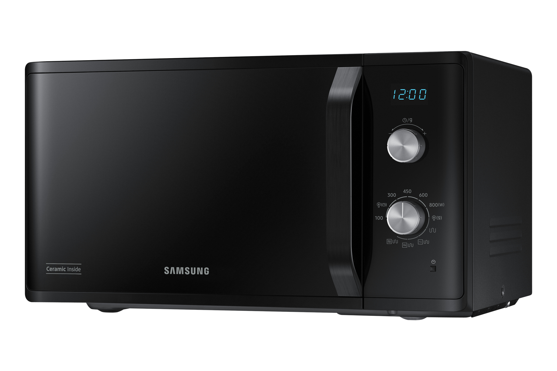 Czarna kuchenka mikrofalowa. Posiada zegar cyfrowy i pokrętła sterowania.