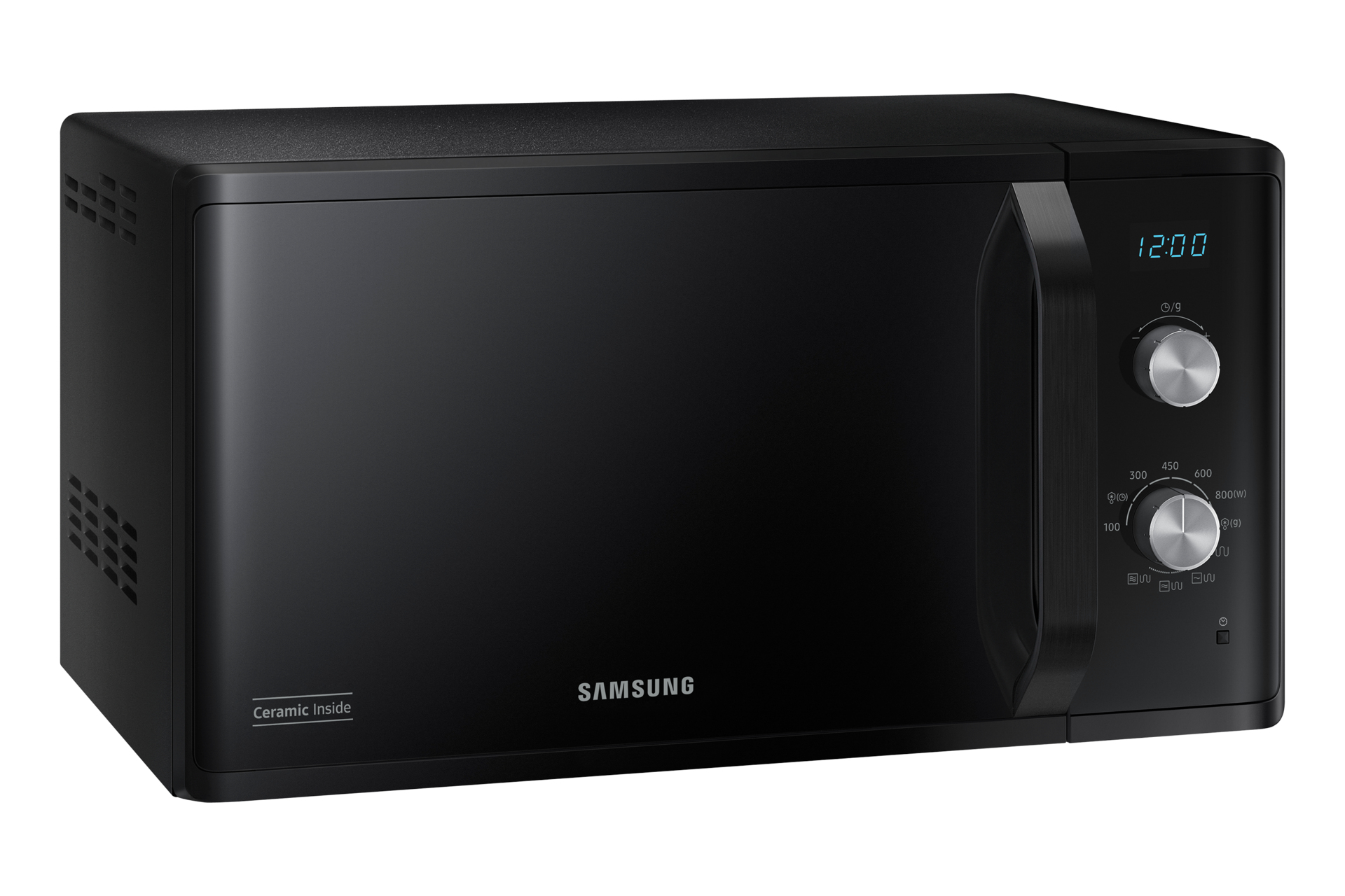 Czarna kuchenka mikrofalowa z panelem sterowania po prawej stronie. Klamka drzwi jest czarna. Marka to Samsung.