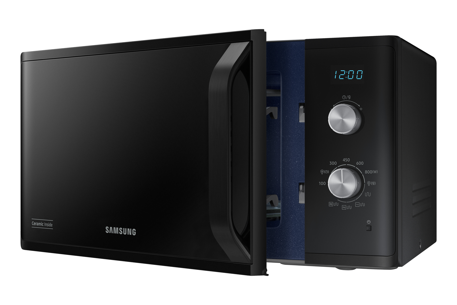 Czarna kuchenka mikrofalowa z otwartymi drzwiami, srebrnymi detalami i niebieskim wnętrzem.