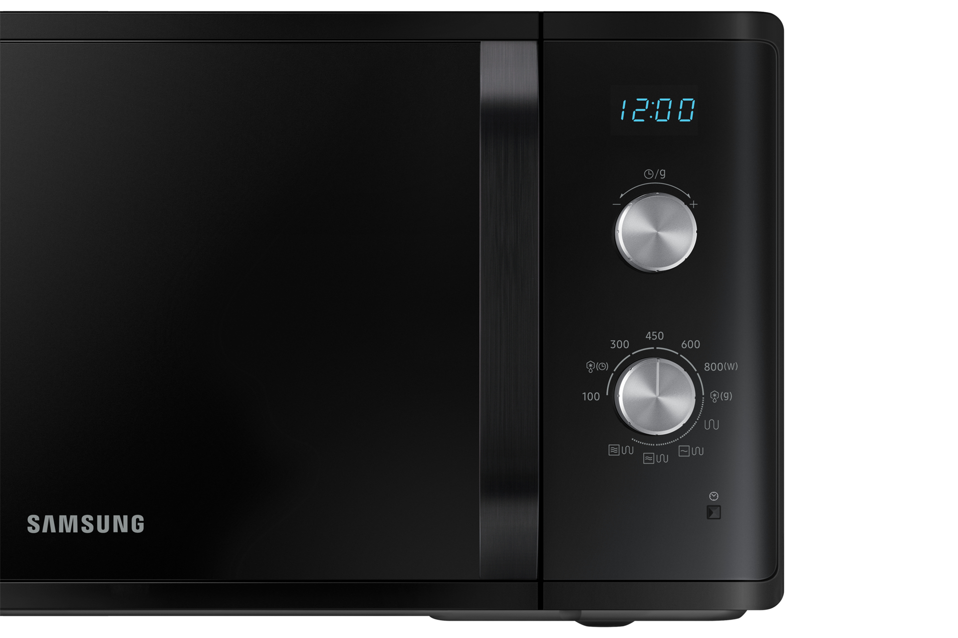 Czarna kuchenka mikrofalowa Samsung z pokrętłami do ustawiania mocy i czasu, wyświetlaczem.