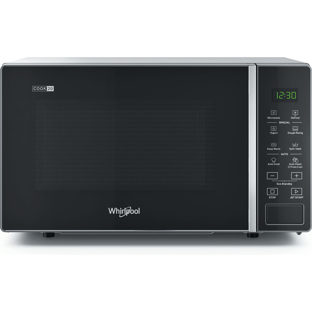 Forno a microonde nero e argento con orologio digitale. Il marchio è Whirlpool. È su sfondo bianco.