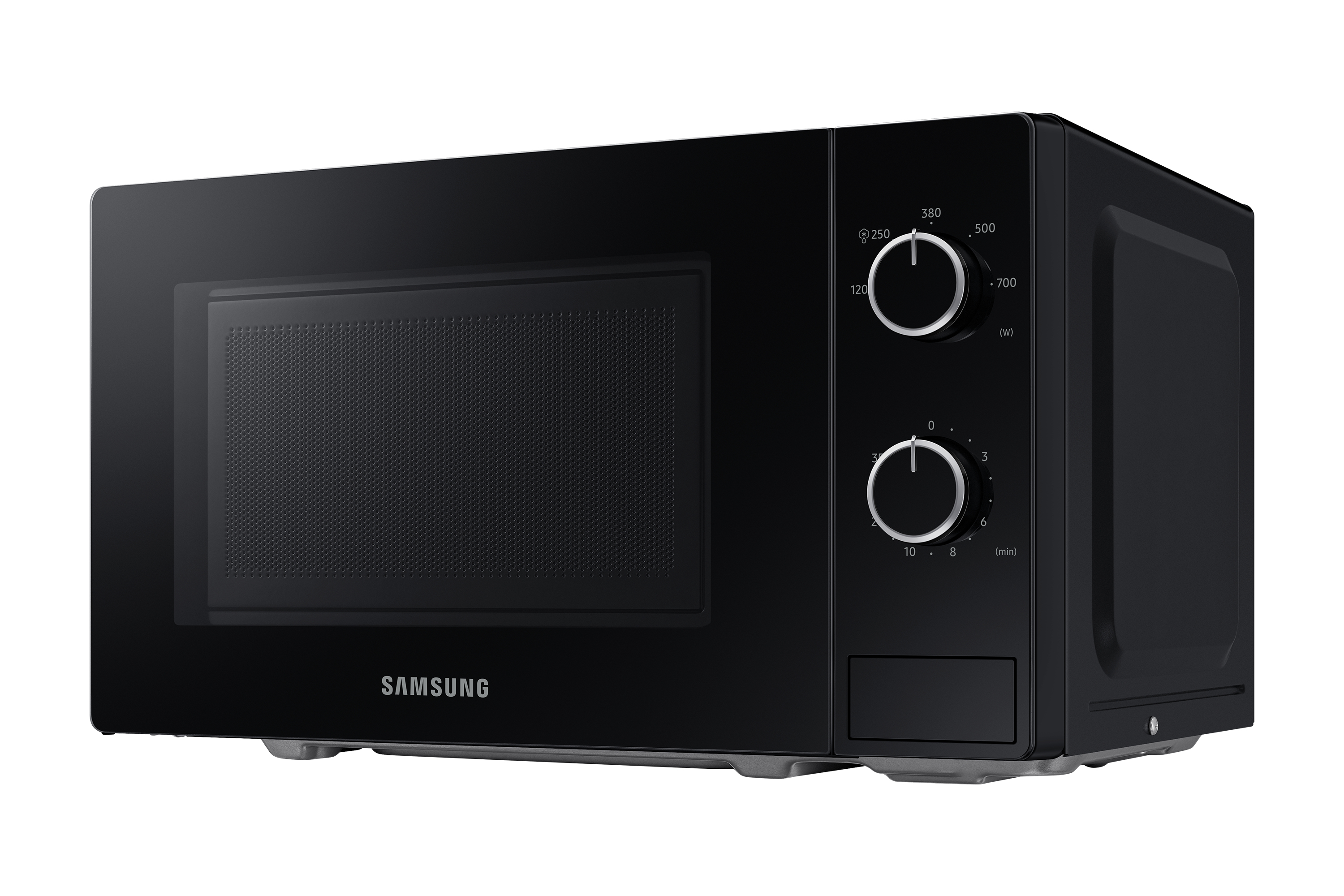 Forno a microonde nero con manopole di controllo e display digitale, su sfondo bianco.