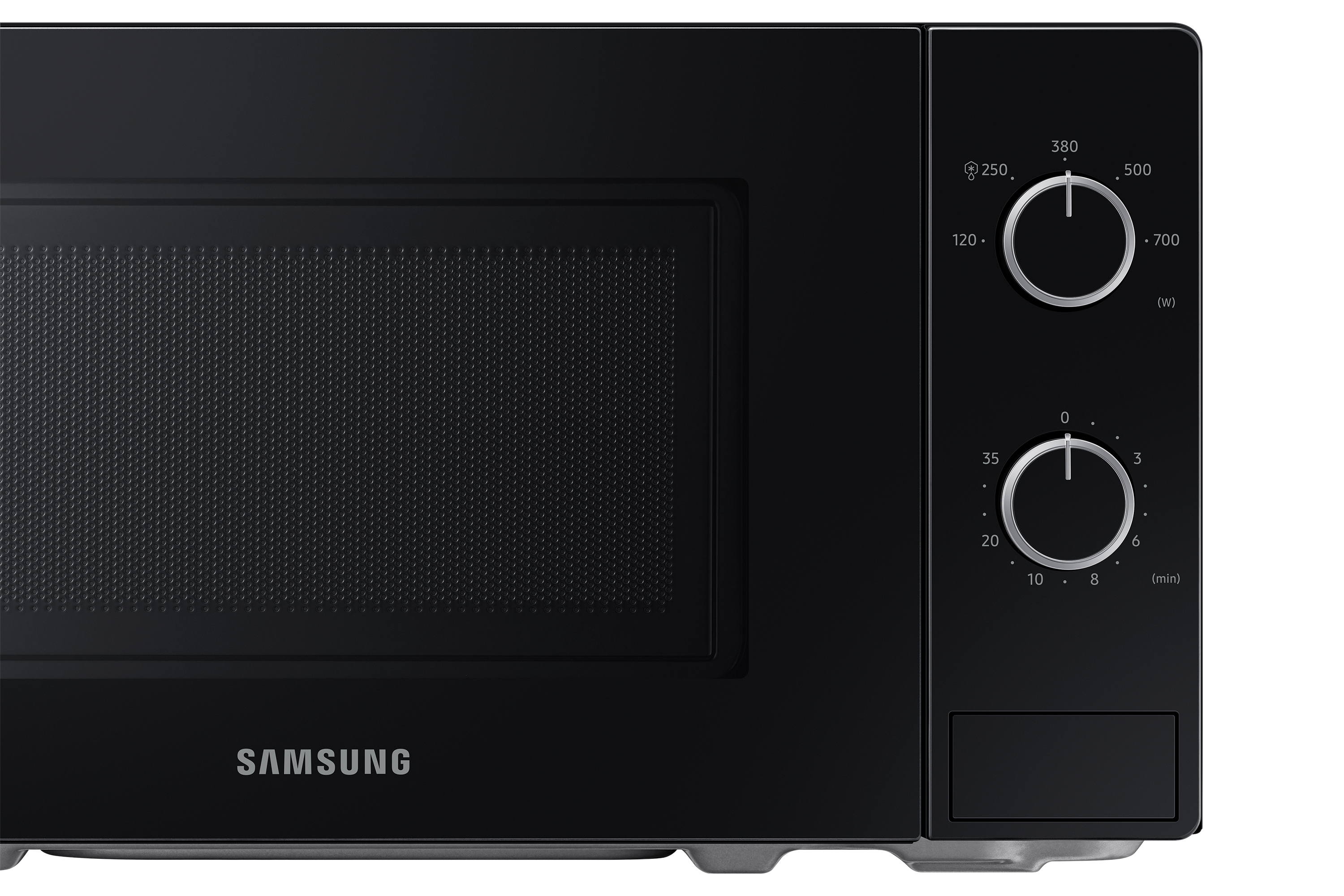 Parte anteriore del forno a microonde nero. Due manopole e un display visibili.