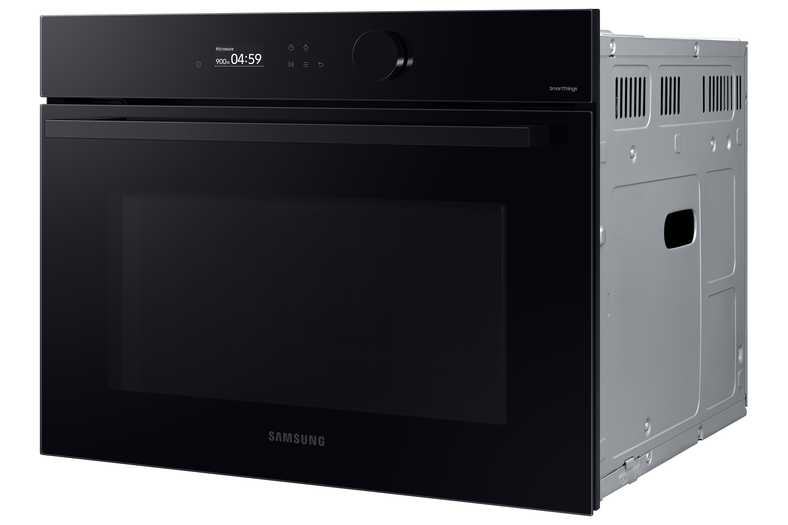 Forno a microonde nero incassato in un muro. Il logo Samsung è visibile sul davanti.