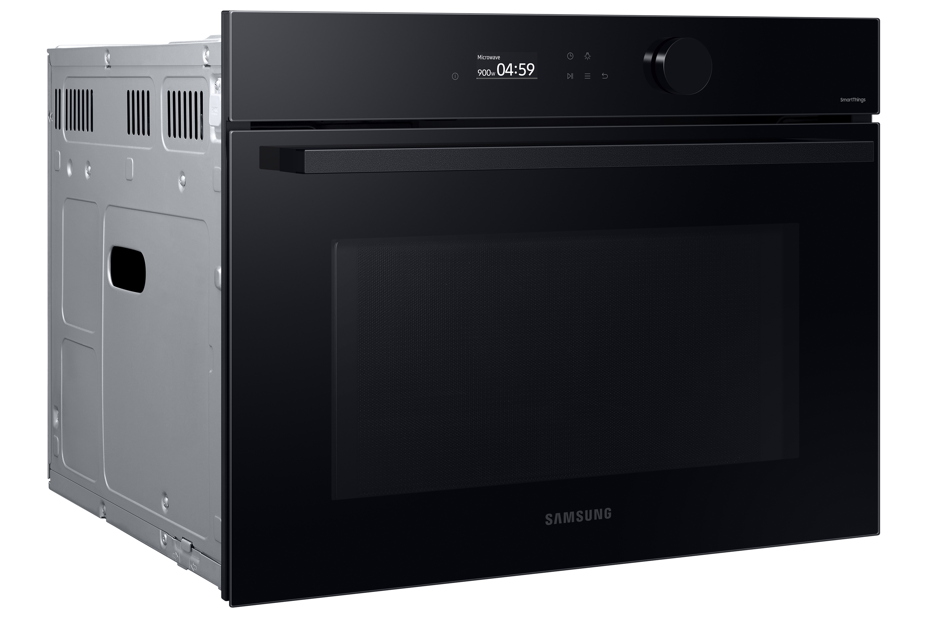 Forno a microonde nero da incasso con display digitale, design elegante su sfondo bianco.