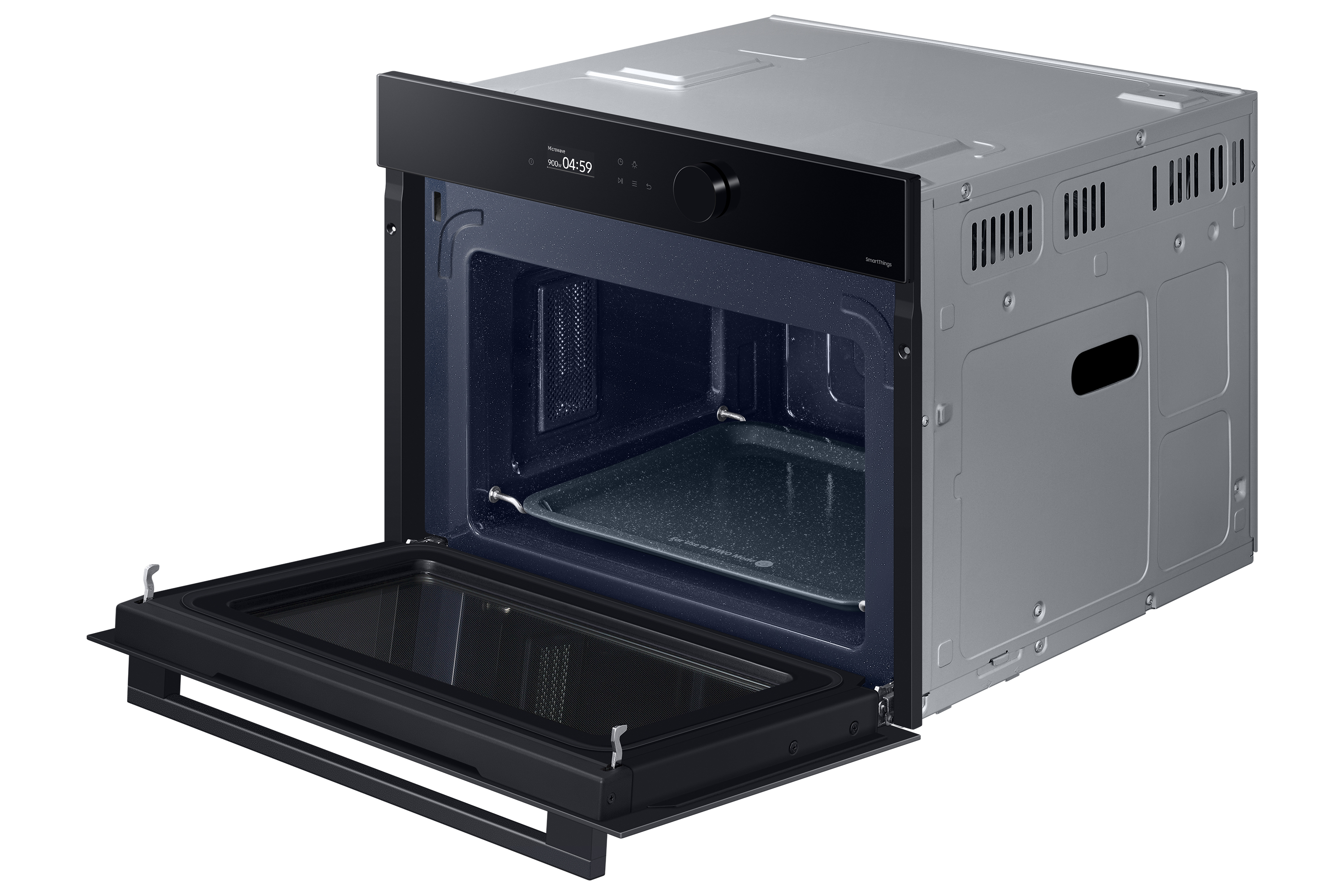 Forno a microonde Samsung nero, porta aperta, interno visibile con vassoio, su sfondo bianco.