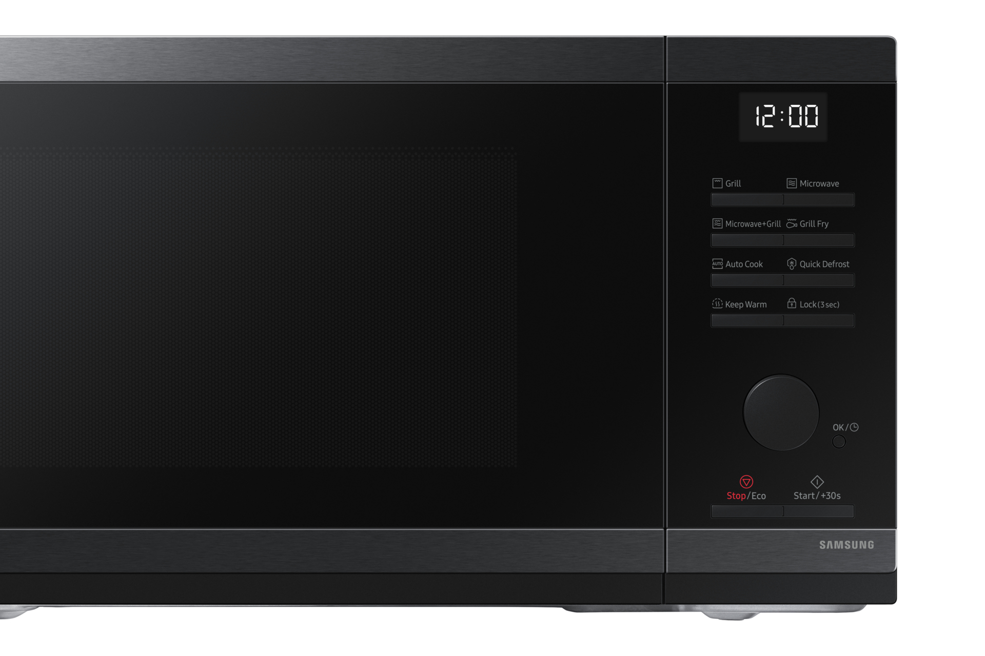 Czarna kuchenka mikrofalowa, widok szczegółowy. Posiada wyświetlacz cyfrowy, panel sterowania i logo marki.