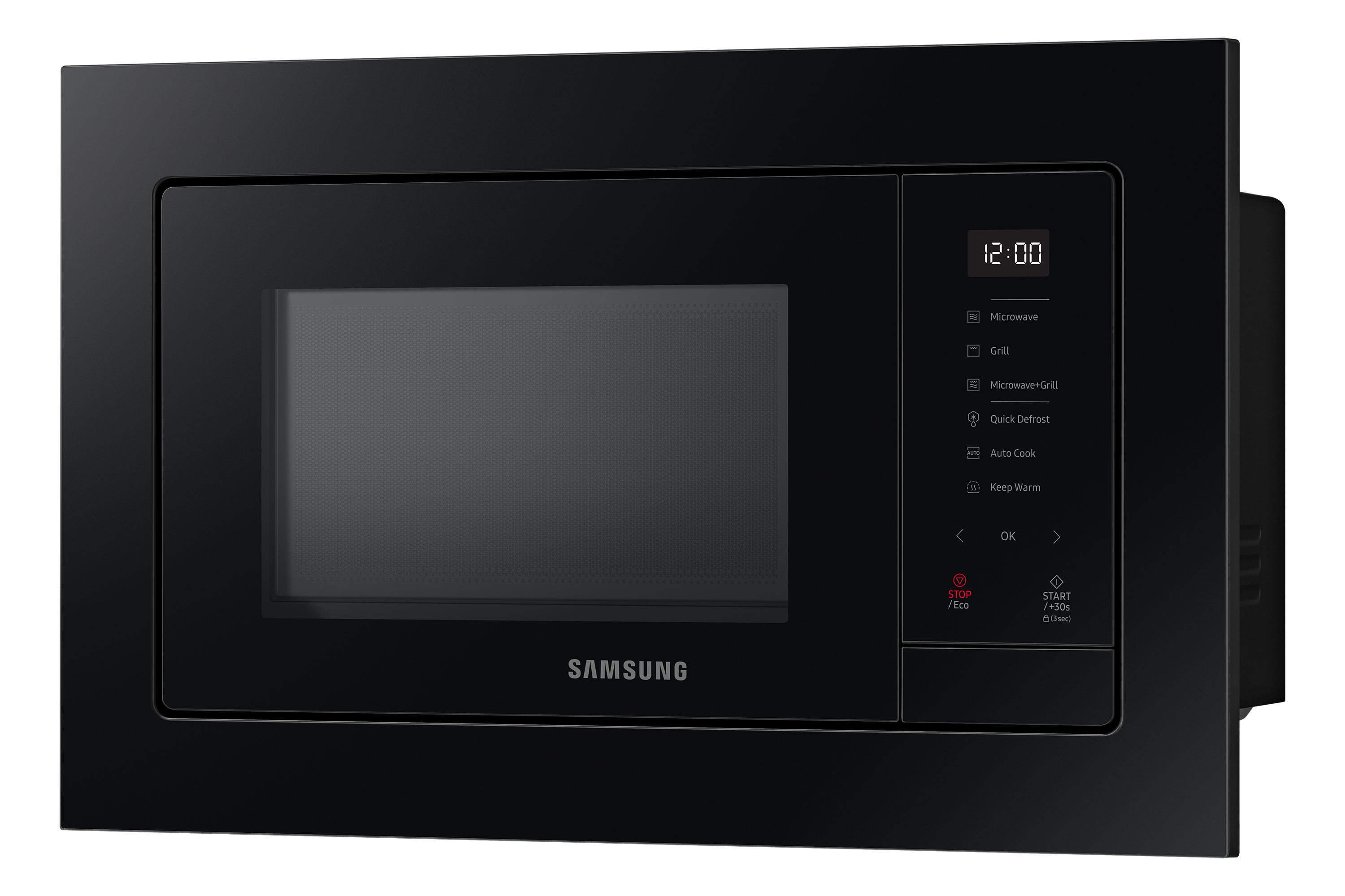 Zwarte Samsung inbouwmagnetron met een digitaal display en bedieningspaneel.