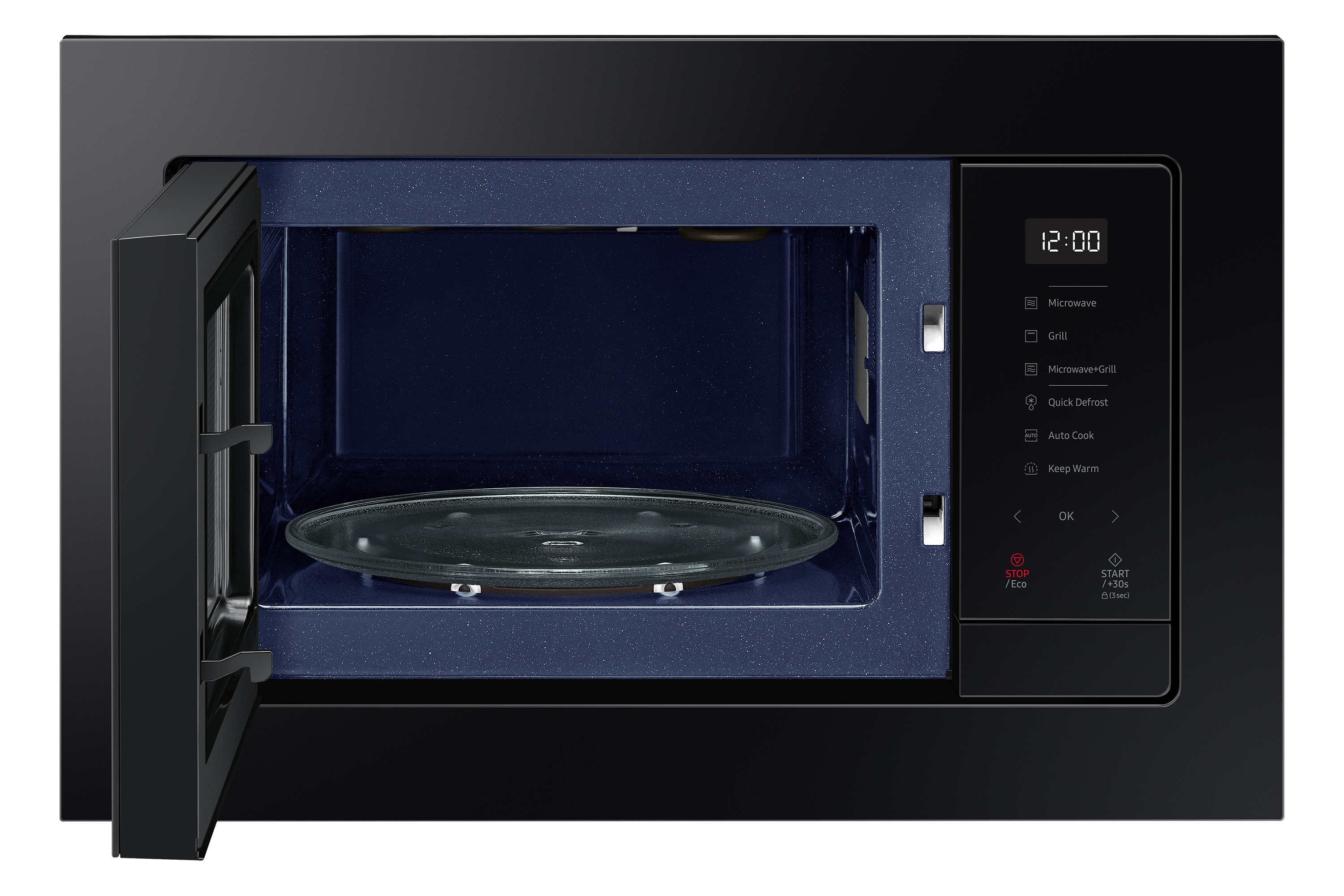 Zwarte inbouwmagnetron, open deur, blauw interieur, glazen plaat en digitaal display.