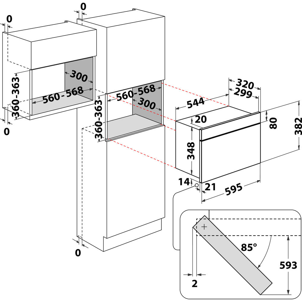 Diagramma di un elettrodomestico da cucina con dimensioni e misure in mm.