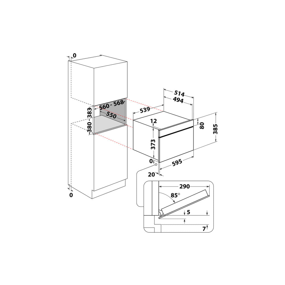 Un mobile con forno a incasso, con dimensioni visualizzate. Il forno ha una maniglia ed è aperto.