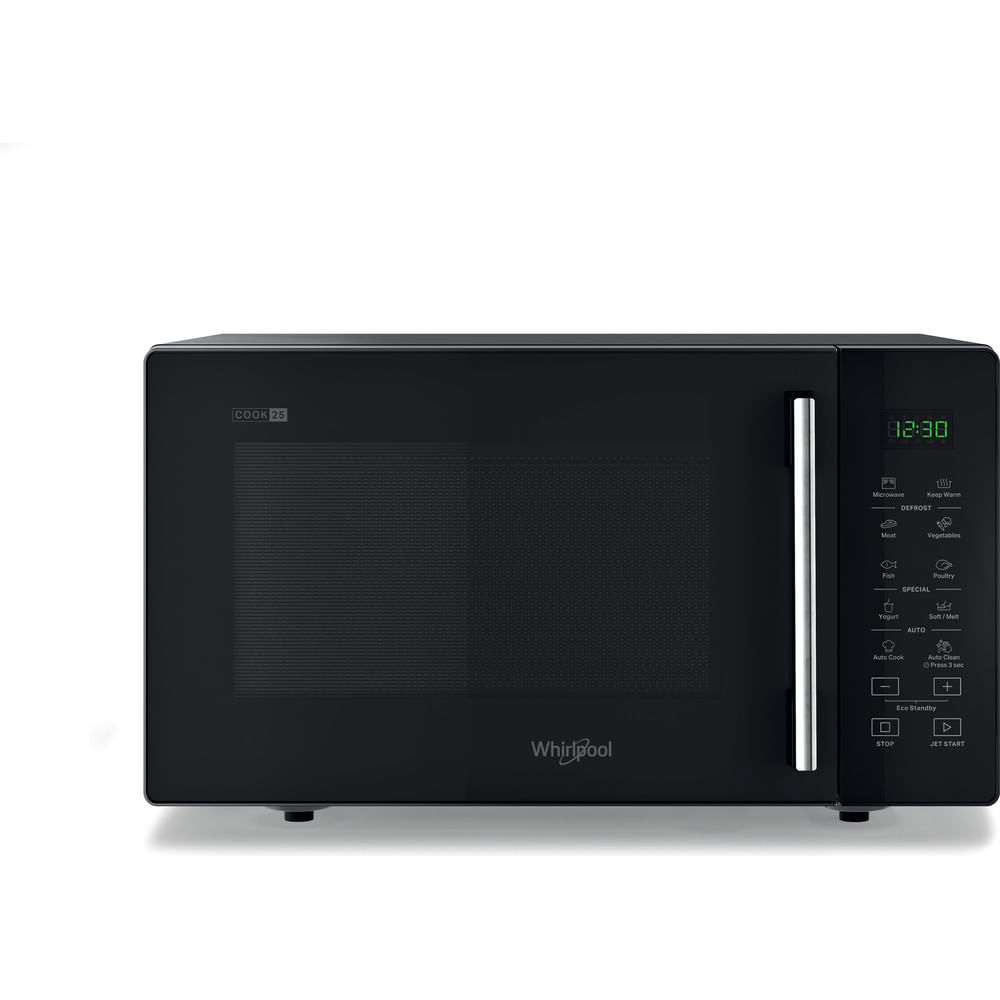Microondas negro con pantalla digital, botones de control y logo de Whirlpool.
