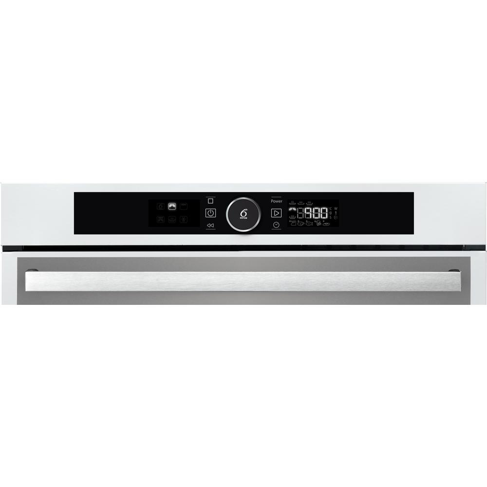 Panel de control de microondas blanco con pantalla digital y marca Whirlpool.