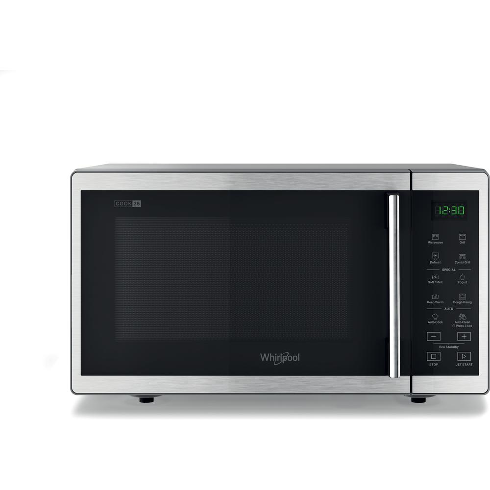 Zilveren Whirlpool magnetron met digitale display die 12:30 weergeeft en diverse knoppen.