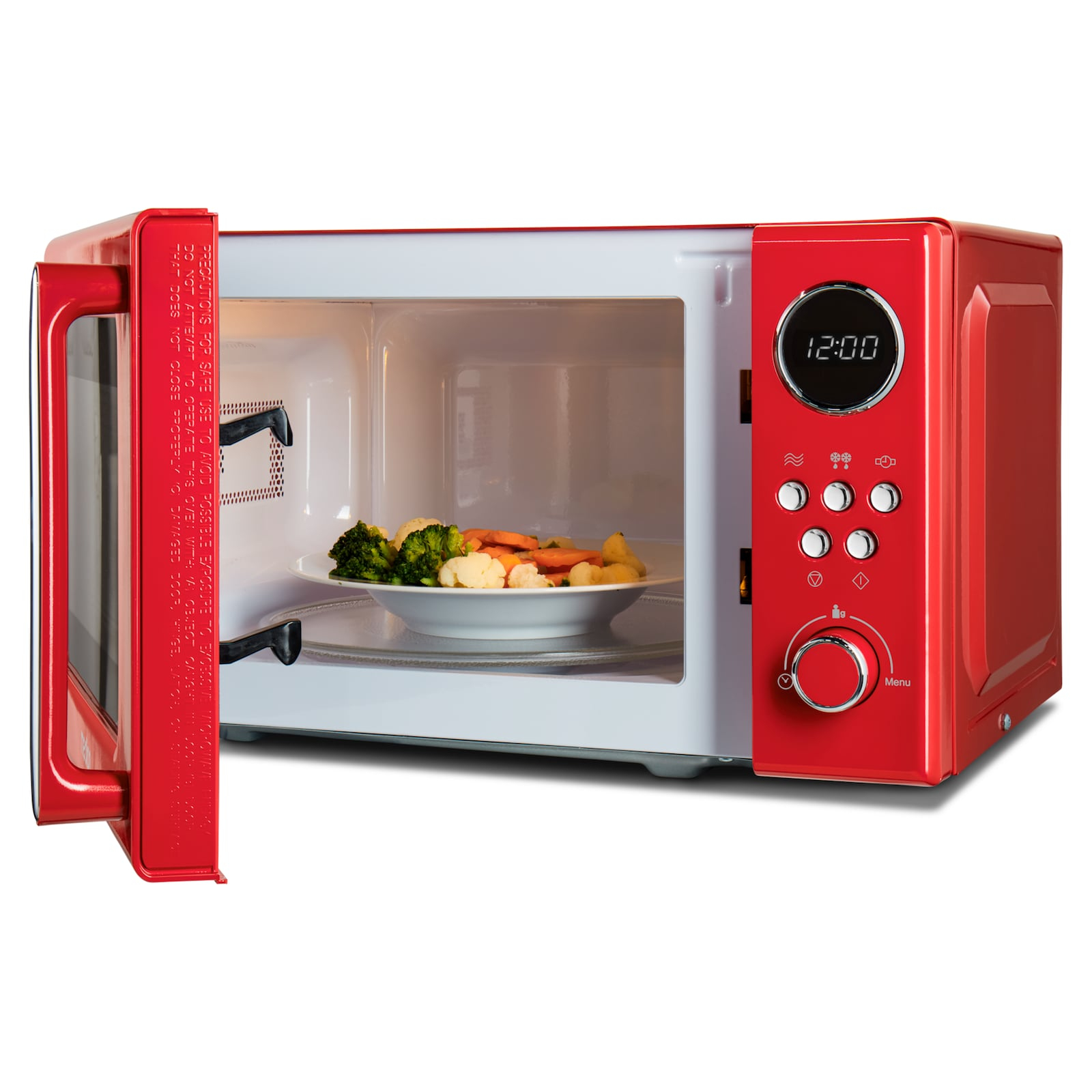 Czerwona kuchenka mikrofalowa z otwartymi drzwiami. Talerz warzyw w środku. Wyświetlacz u góry.