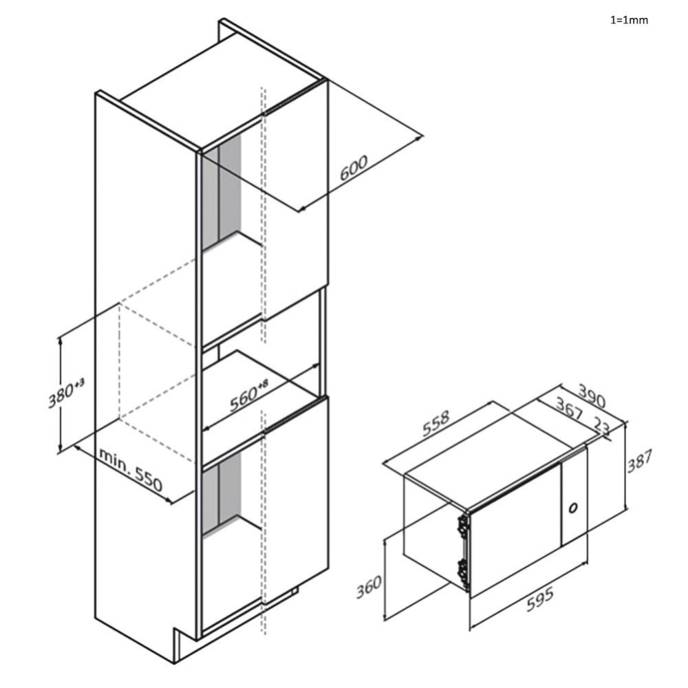 Rysunek izometryczny wbudowanej kuchenki mikrofalowej i piekarnika. Zawiera wymiary i skalę.