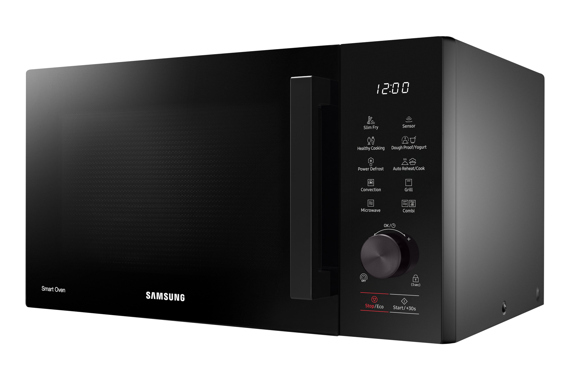 Czarny piekarnik Samsung Smart z panelem sterowania i uchwytem. Tło jest białe.