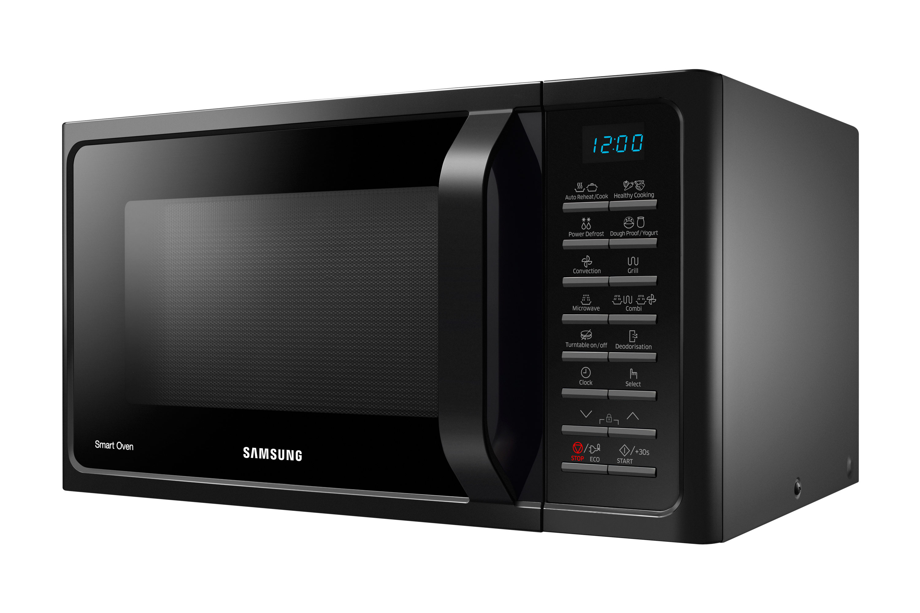 Zwarte magnetron met digitaal display en knoppen.