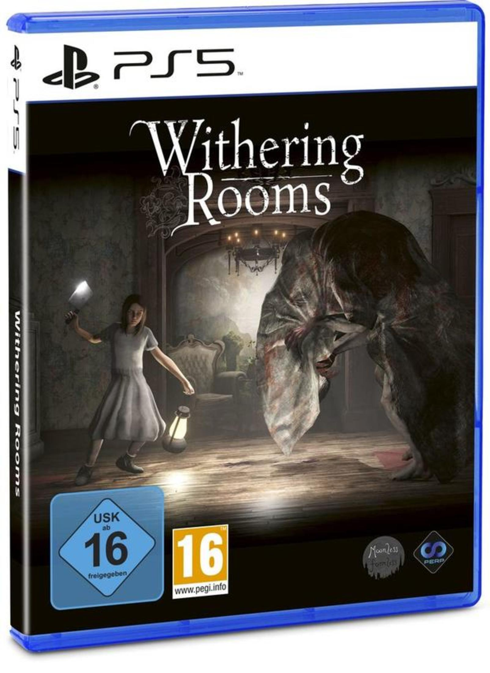 Scatola del gioco PS5, Withering Rooms, una ragazza con un'ascia e una figura spettrale.