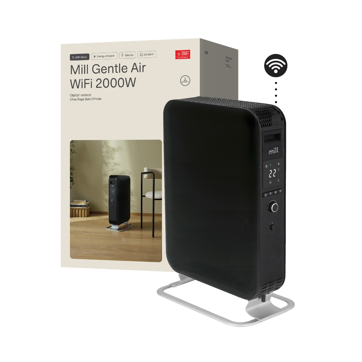 Schwarzer Mill Gentle Air WiFi 2000W Heizlüfter mit Karton, Ständer und WiFi-Symbol. Weißer Hintergrund.