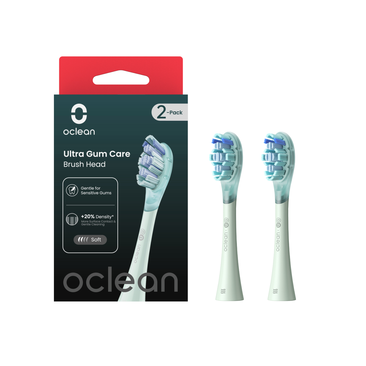 Zwei oclean Ultra Gum Care Bürstenköpfe. Die Box ist rot mit dem oclean Logo.