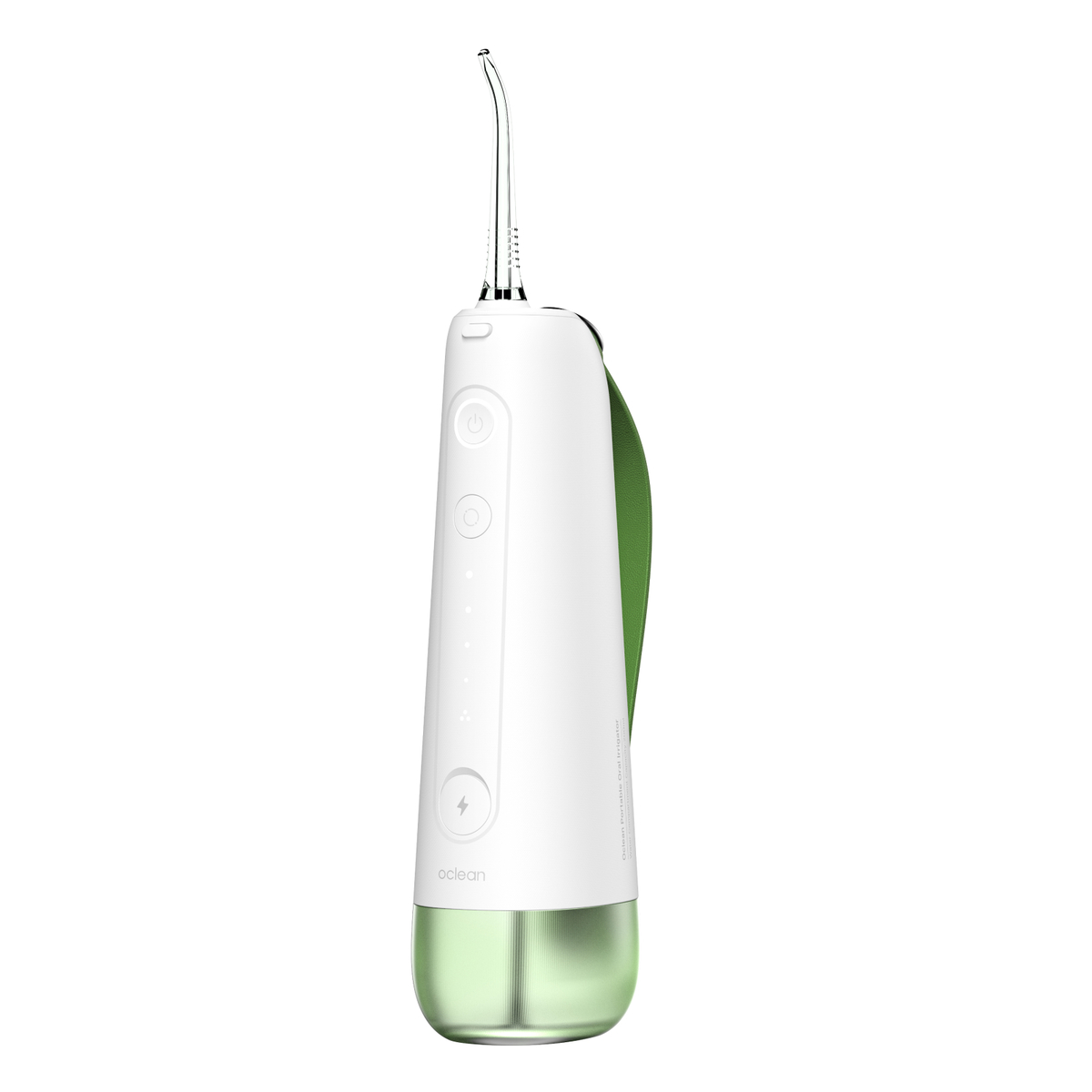 Weiß-grüner Oclean Wasserflosser. Der Flosser hat Knöpfe und einen grünen Wasserbehälter.