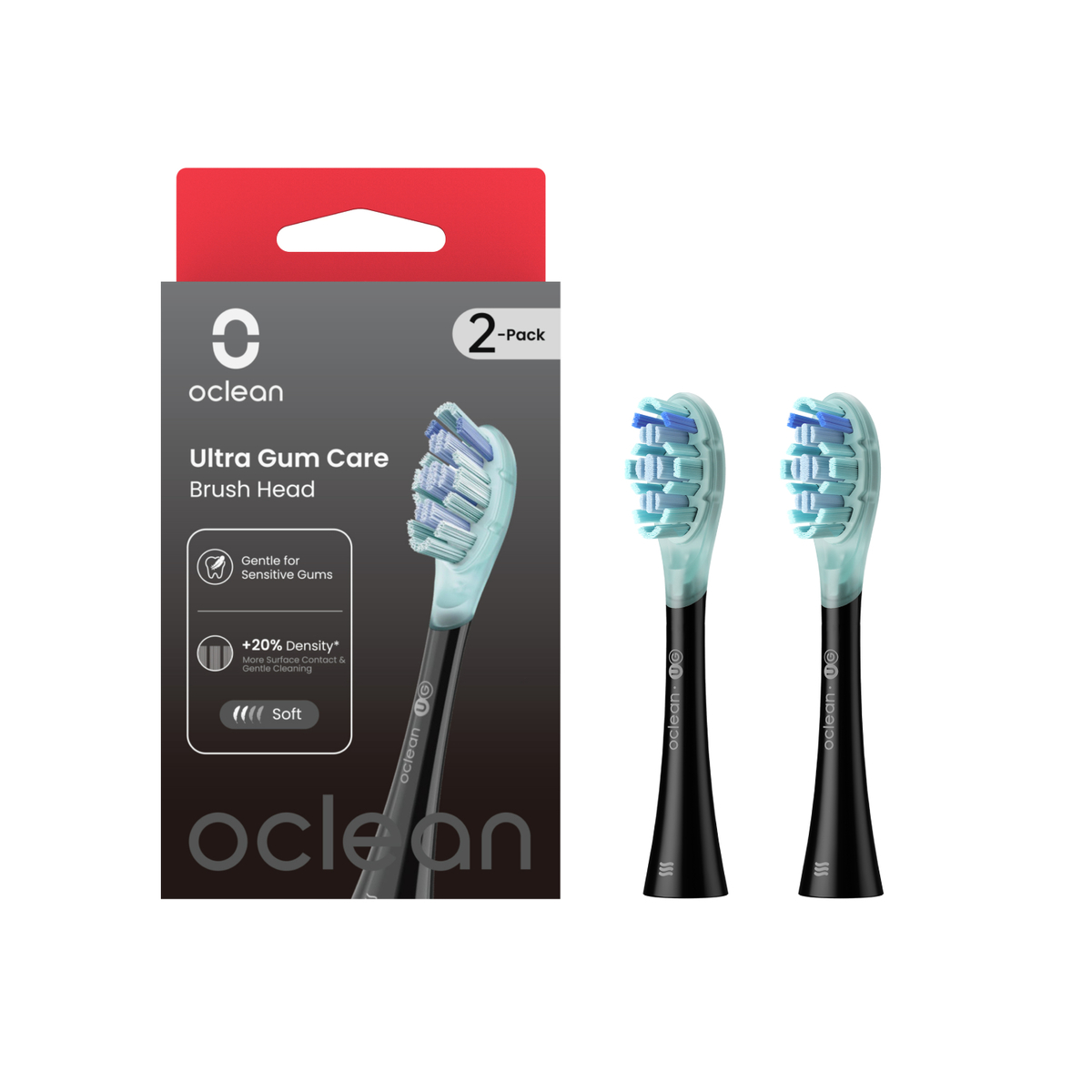 Zwei Oclean-Zahnbürstenköpfe in einer Box, mit blauen und weißen Borsten.