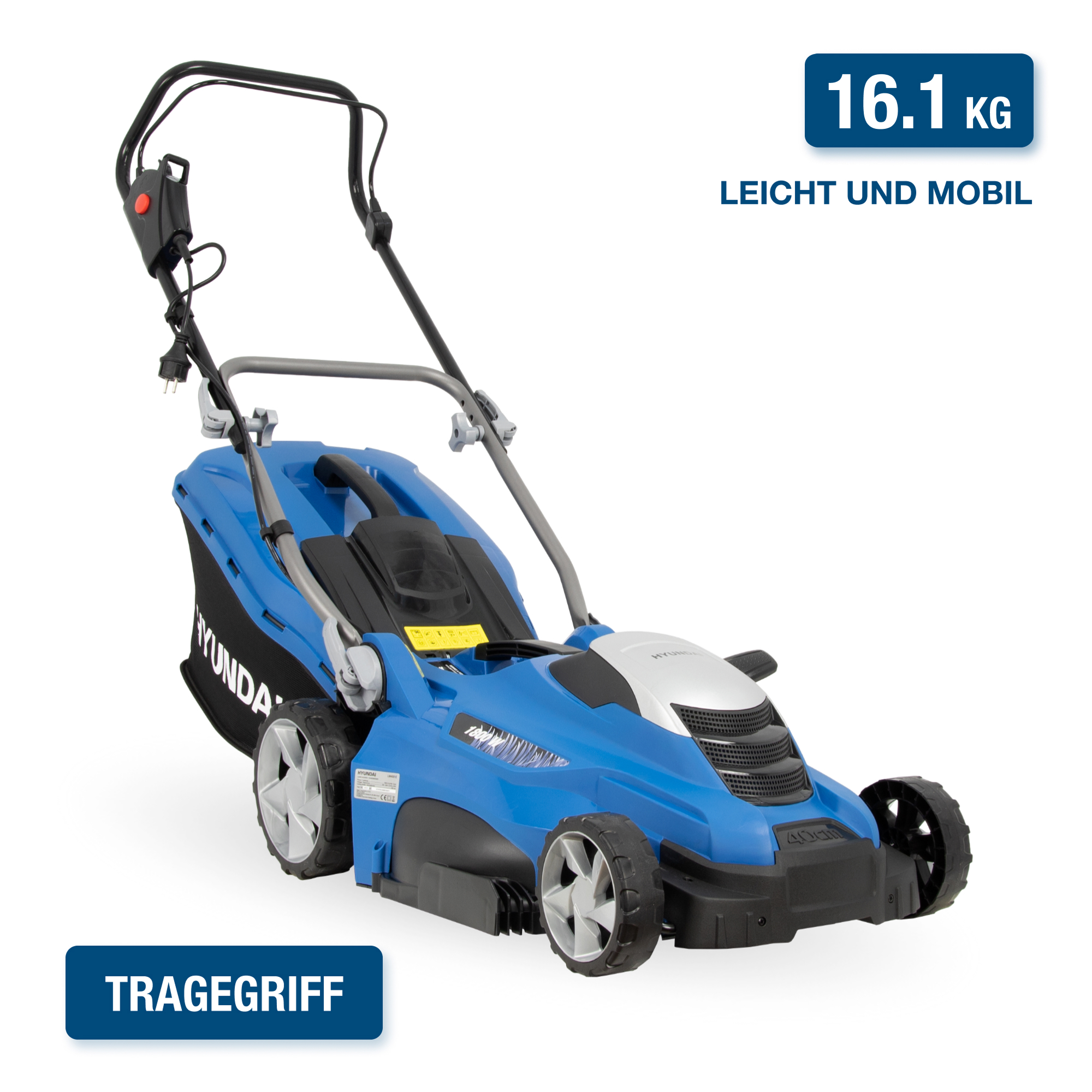 Ein blauer Rasenmäher mit der Aufschrift '16.1 KG' und 'LEICHT UND MOBIL' und dem Markennamen 'HYUNDAI'.