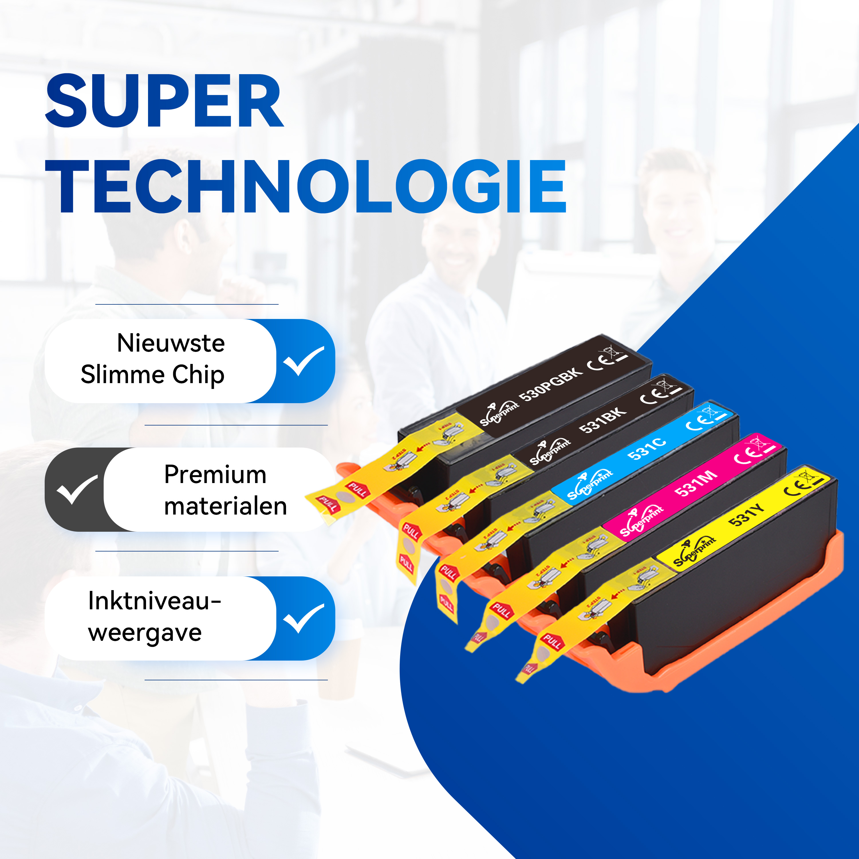 Inktcartridges met tekst, geel, zwart, cyaan, magenta kleuren.