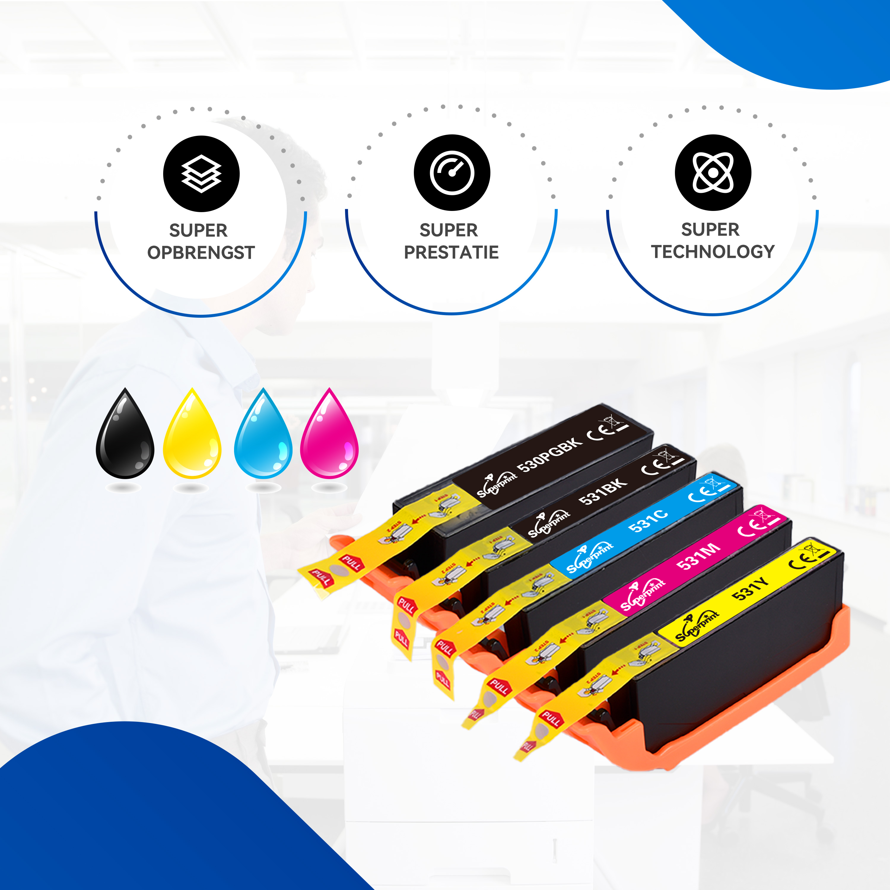Inktcartridges met zwarte, gele, cyaan en magenta inktdruppels, met tekst over prestaties en technologie.