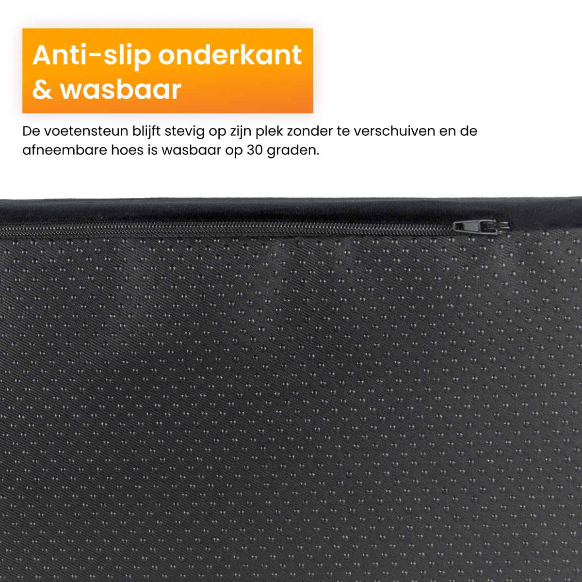 Schwarze Oberfläche mit kleinen Noppen und einem Reißverschluss. Text: rutschfest und waschbar.