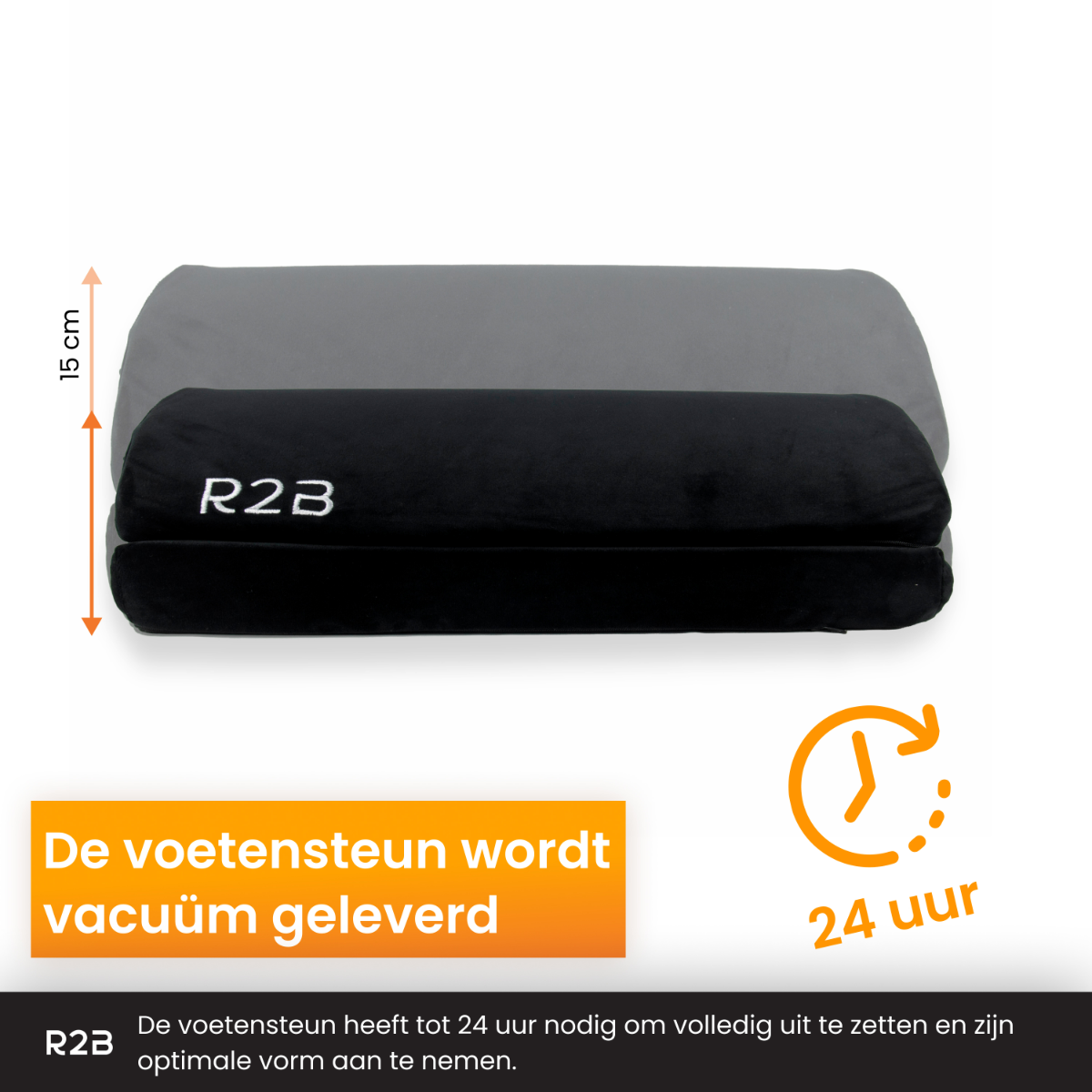 Schwarze Fußstütze mit weißem Text R2B. Eine graue Fußstütze wird überlagert, um die Größe zu zeigen.