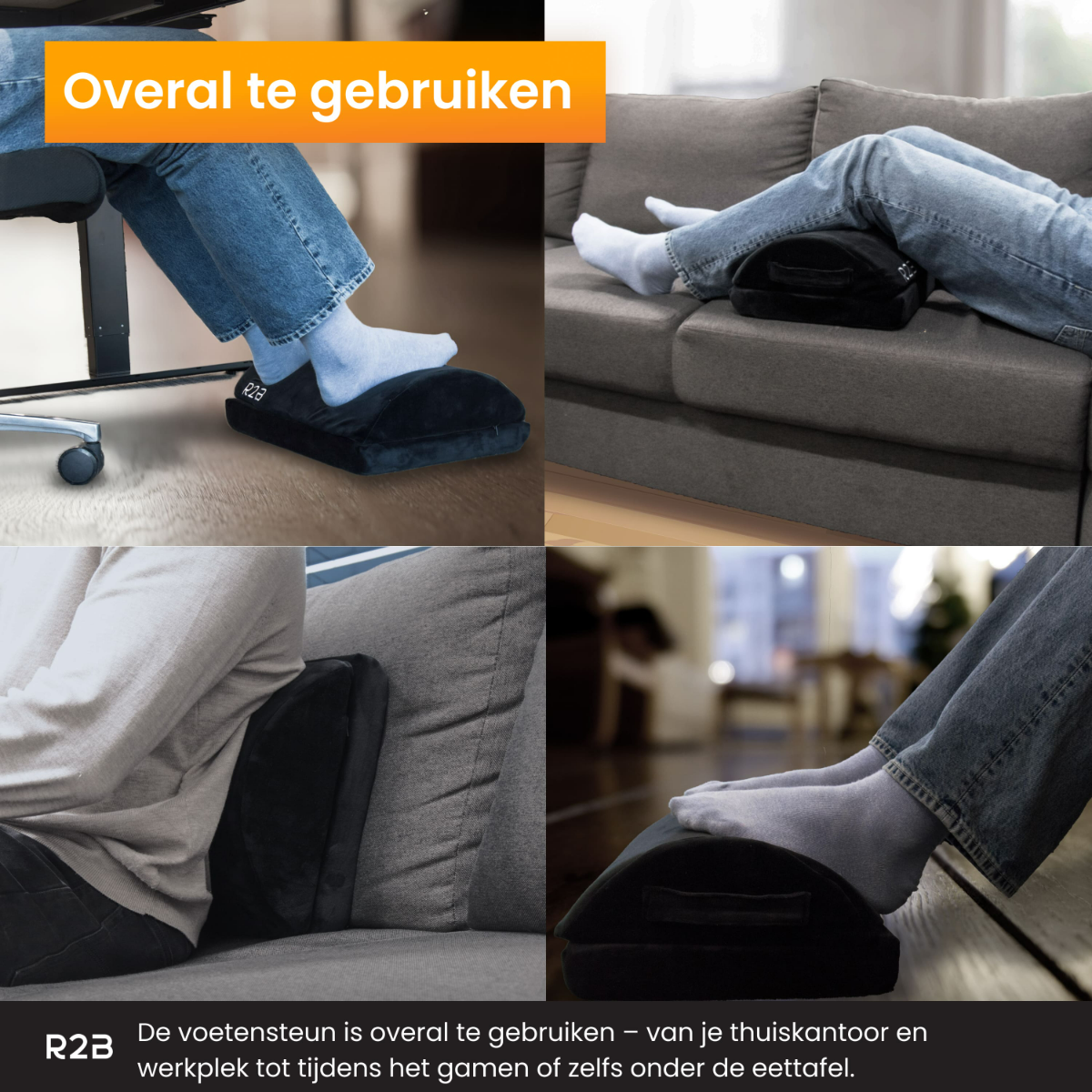 Fußstütze in vier Szenen: unter Schreibtisch, auf Couch, Rückenlehne auf Couch und auf dem Boden.