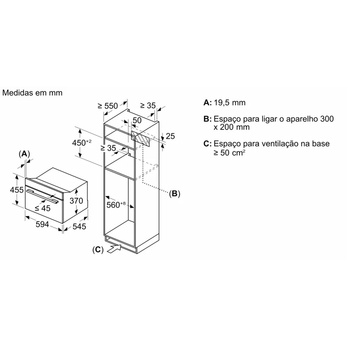 Technische tekening van een magnetron met afmetingen en interne componenten.