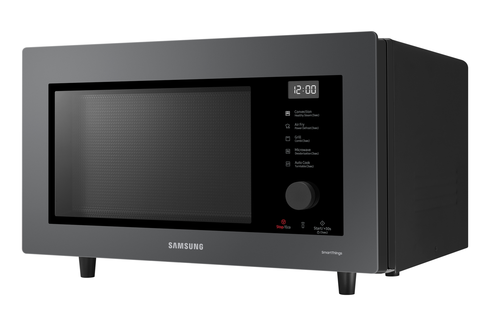 Black Samsung microwave oven with a digital display, on a white background.
