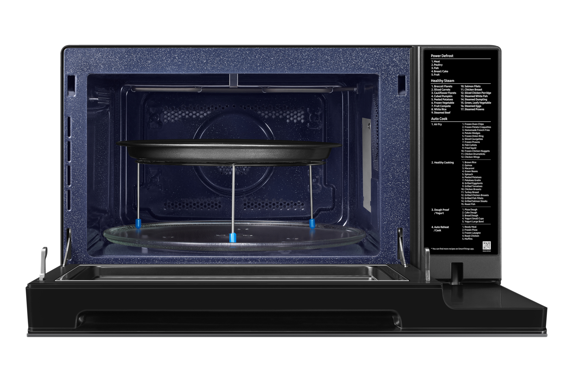 Microwave interior showing a tray and a shelf. The interior is dark blue.