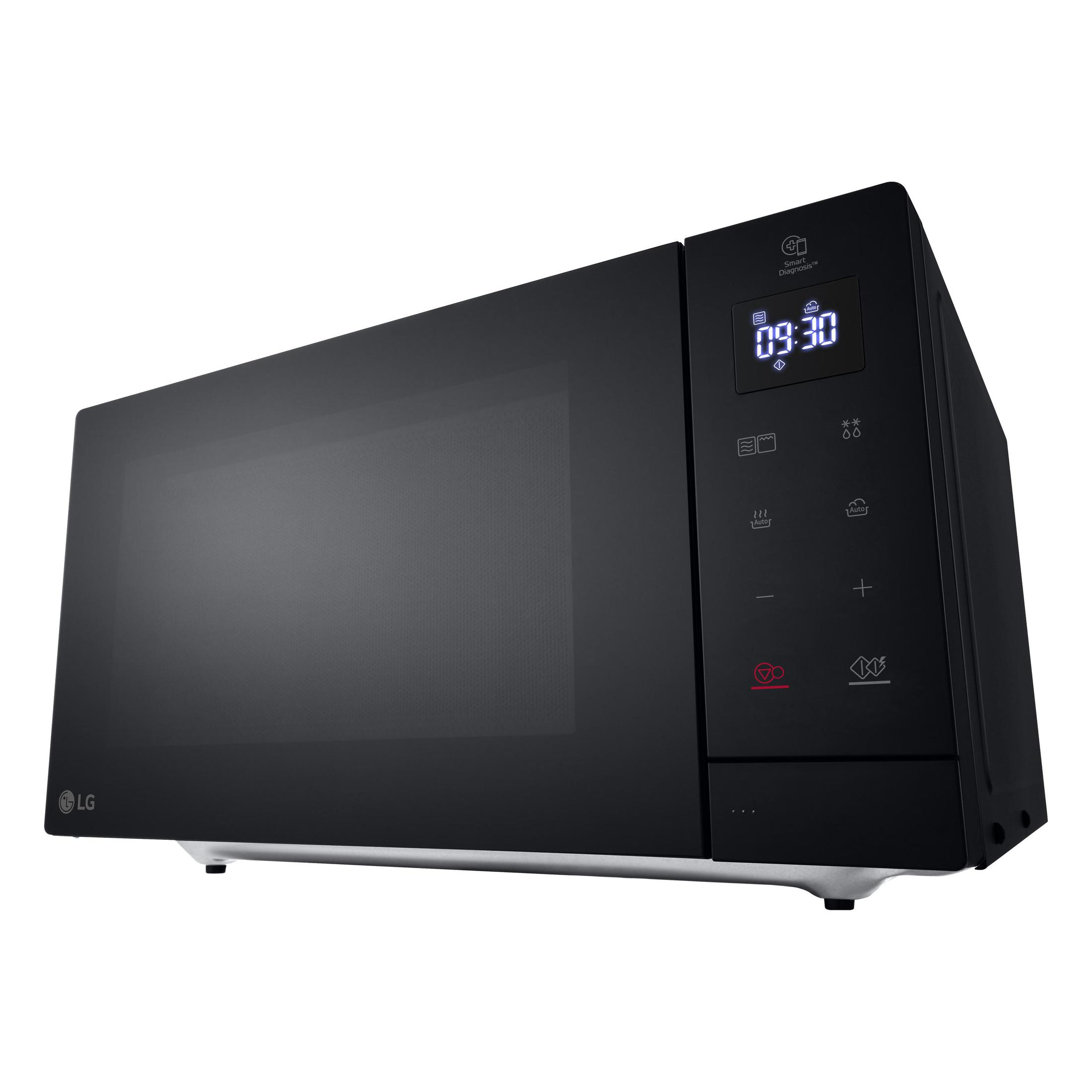 Microonde nero con display digitale e pulsanti. Logo LG visibile. Vista laterale.