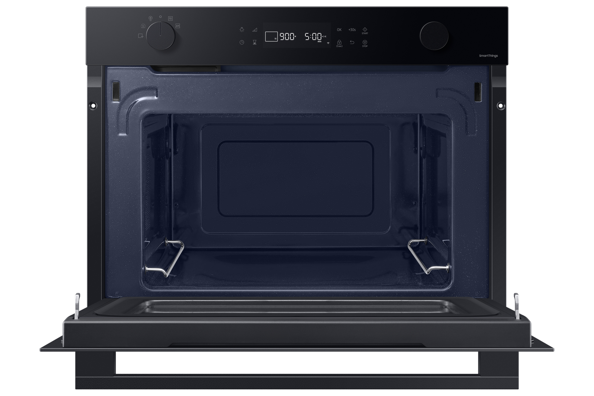 Interno del forno a microonde nero. La porta è aperta, rivelando i componenti interni.