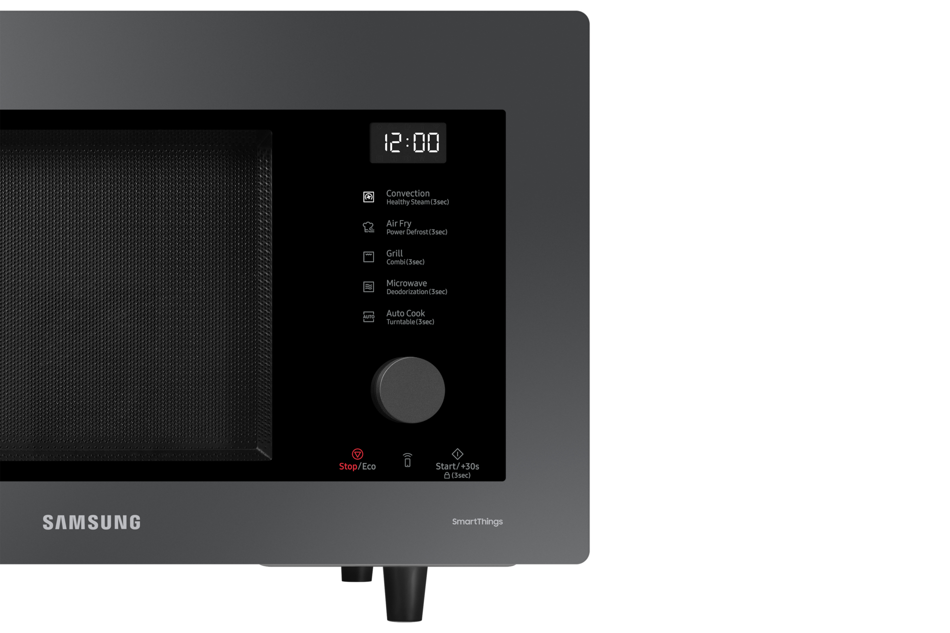Microwave oven, black with a digital display, and control panel. Shows the time and various cooking options.