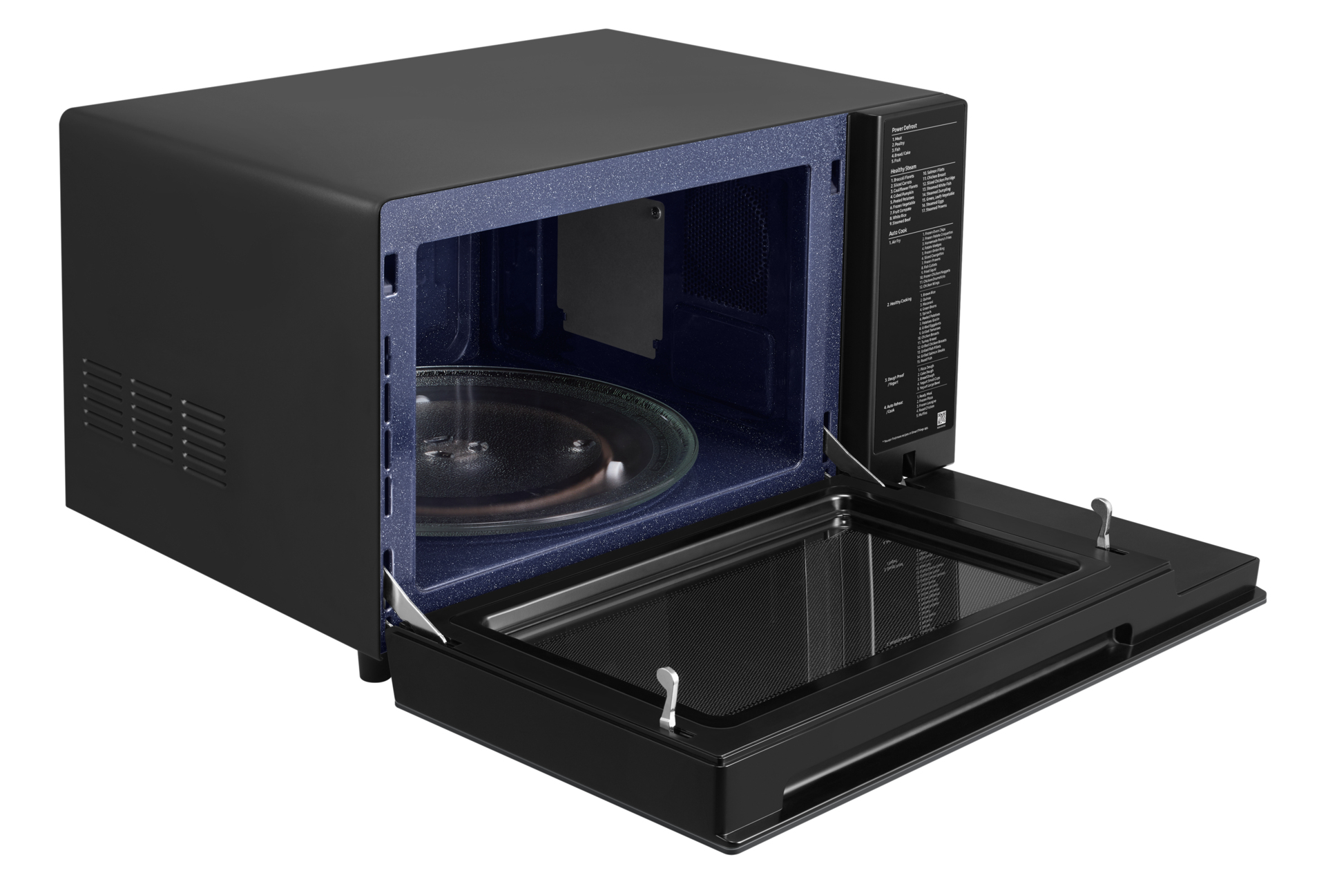 Black microwave with open door, showing blue interior. Glass tray inside. White background.