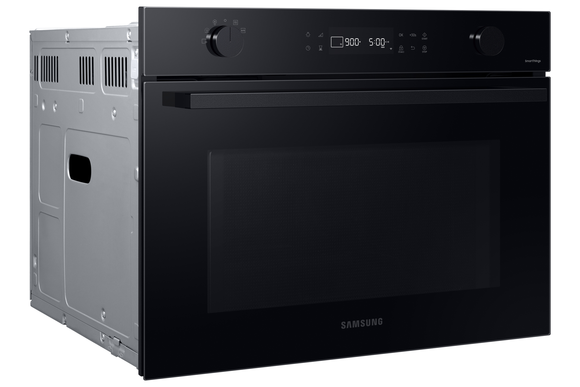 Forno nero incassato in un mobile. Lato in acciaio inox visibile. Logo Samsung.