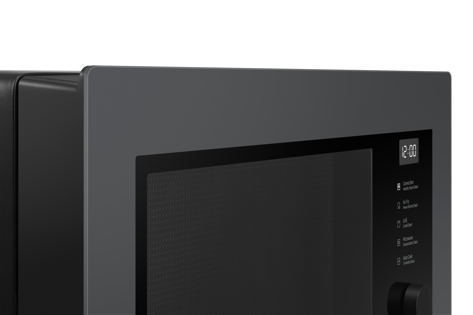 Close-up of a dark grey microwave oven with digital display and control panel.