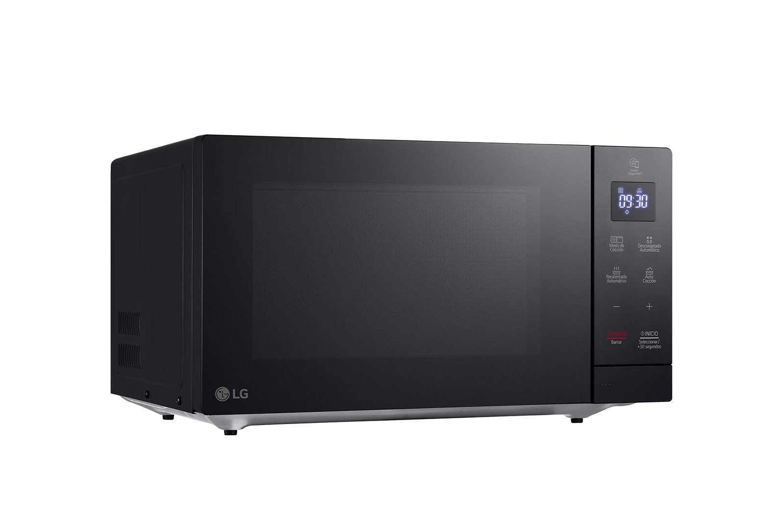 Un forno a microonde LG nero su sfondo bianco. Ha un display digitale e un fondo metallico.