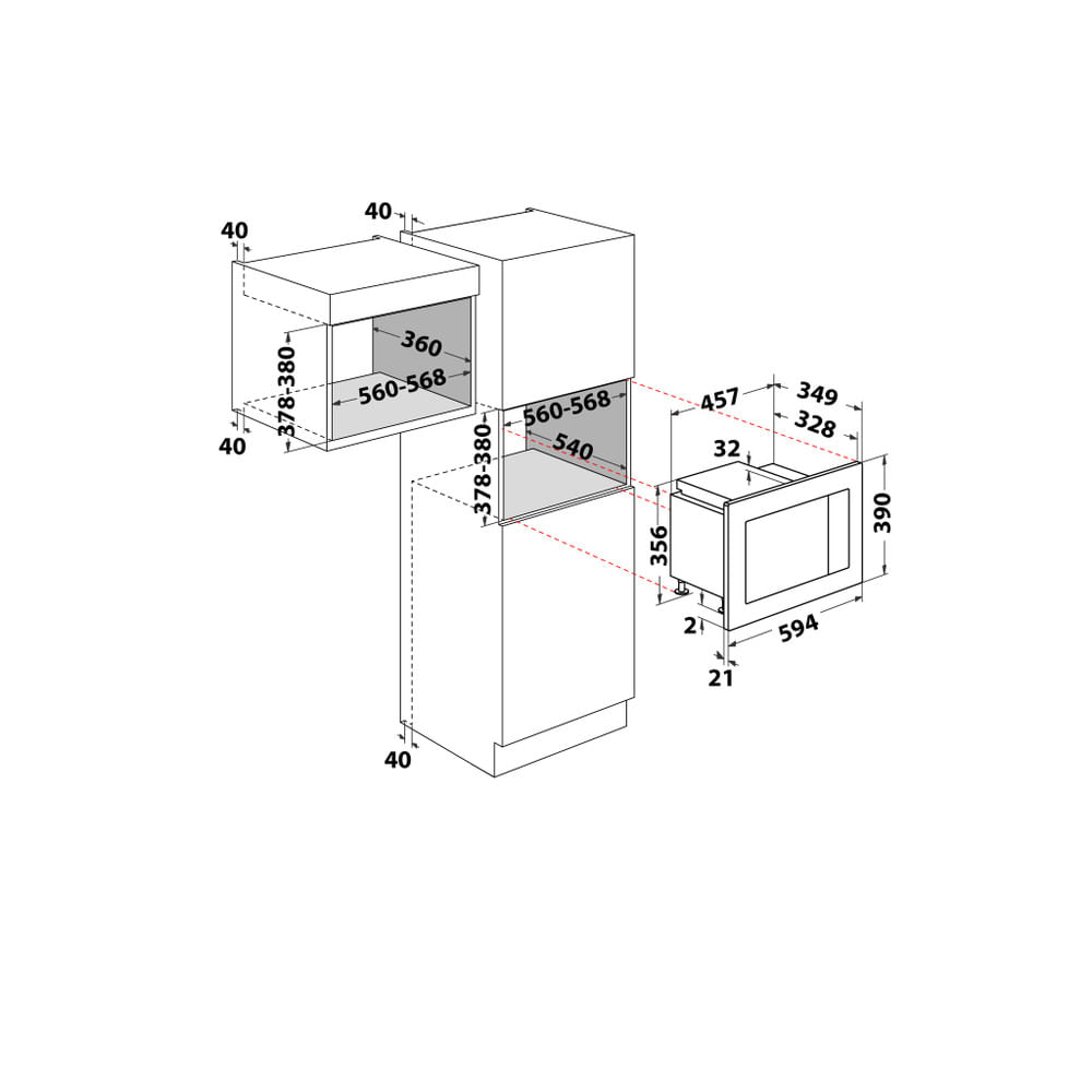 Disegno tecnico di un forno a microonde con dimensioni ed etichette.