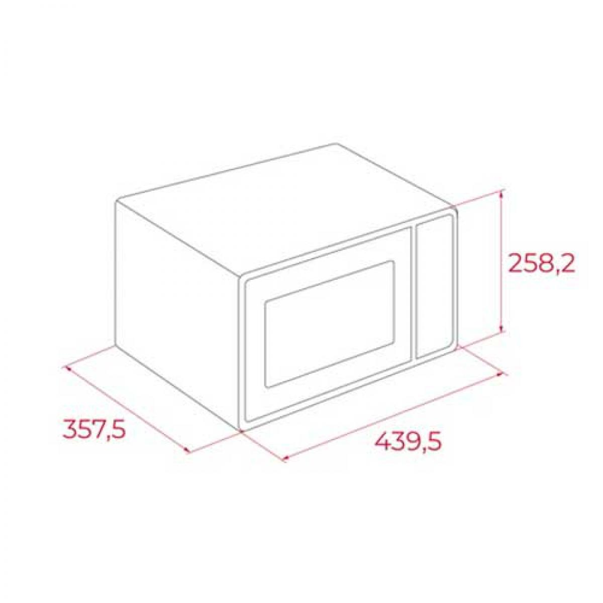 Biały rysunek liniowy kuchenki mikrofalowej z wymiarami: 439,5 mm x 357,5 mm x 258,2 mm.